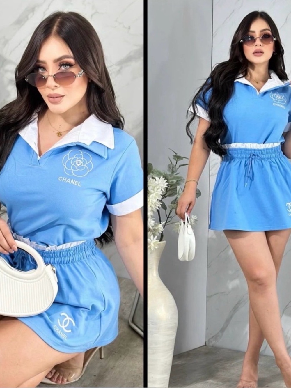 Sky Blue Cotton Drawstring Skirt with Matching Collared Top size S